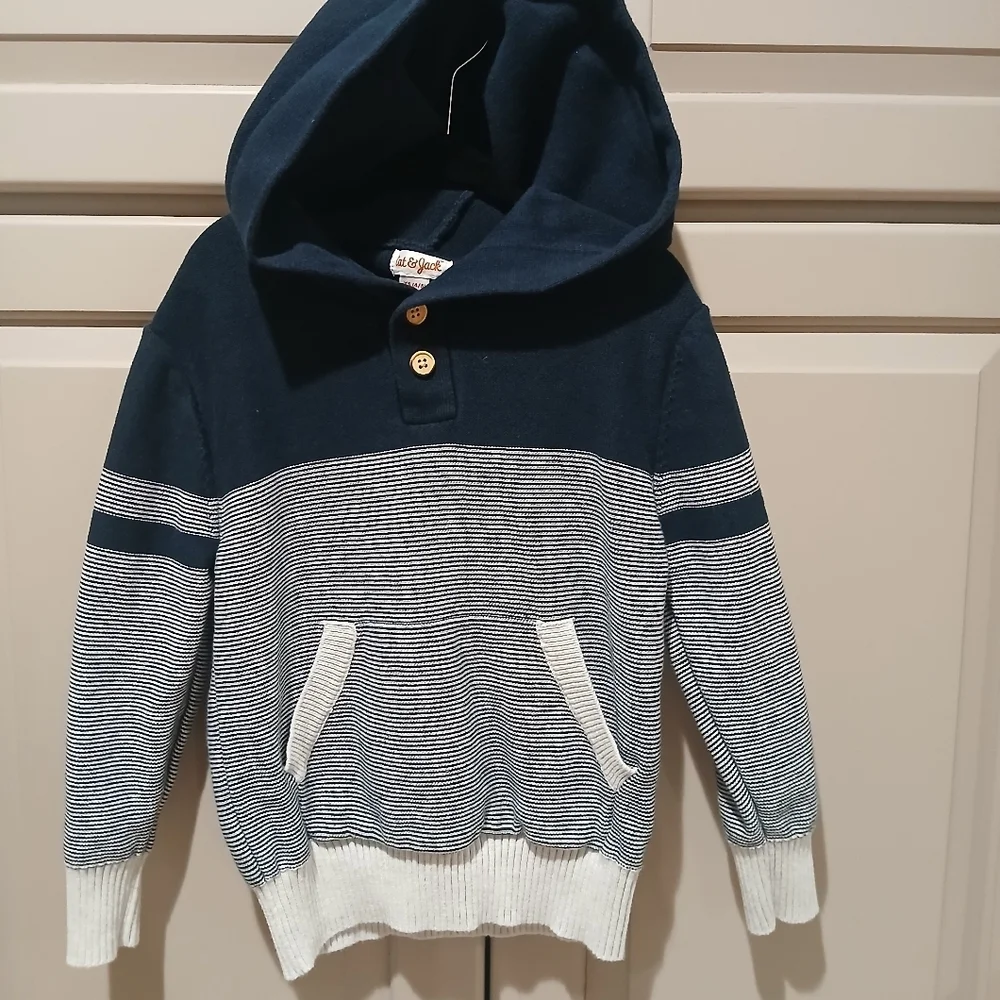 Cat & Jack Sweater Boy's Size:XS 4-5 Hooded Navy Blue 2 Button Long Sleeve - Picture 6 of 7